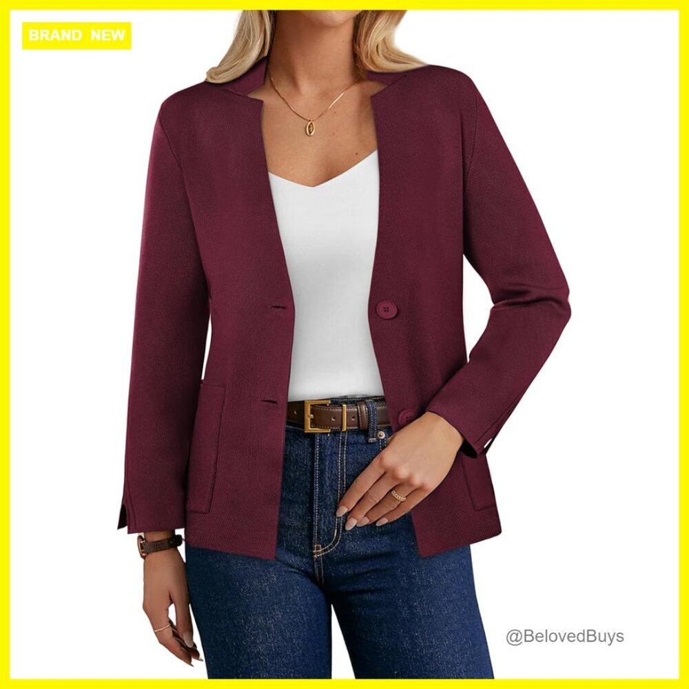 Knit Blazer Cardigan Long Sleeve Notch Collar Pockets Business Casual